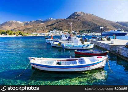 Amorgos island scenery. sea view with typical fishing boats. Cyclades, Greece