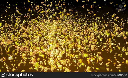 Amorphous mass of gold liquid particles, computer generated. 3d rendering of abstract seething backdrop. Amorphous mass of gold liquid particles, computer generated. 3d rendering of abstract background