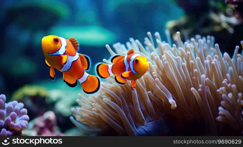 Amphiprion ocellaris clownfish and anemone in sea.