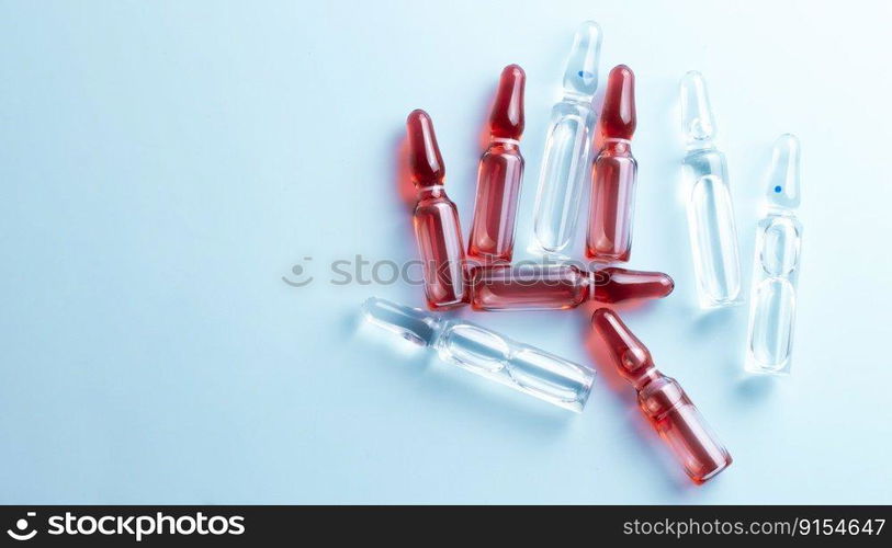 Ampoules with medical preparations or vaccine for injection on the table