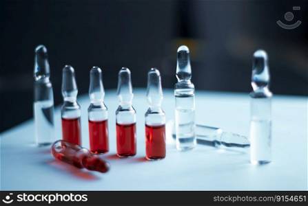 Ampoules with medical preparations or vaccine for injection on the table
