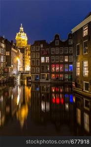 Amsterdam Canals and Saint Nicholas church sunset Netherlands