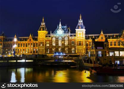 Amsterdam Centraal railway station in the night