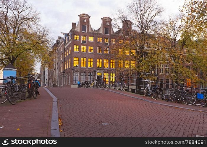 Amsterdam houses at twilight in the Netherlands