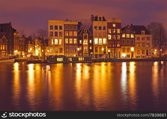 Amsterdam houses by night in the Netherlands