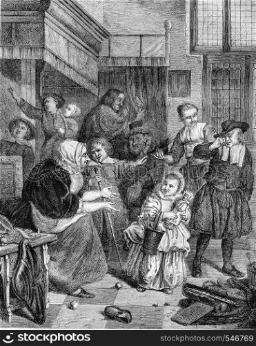 Amsterdam Museum, The Feast of Saint-Nicolas, by Jan Steen, vintage engraved illustration. Magasin Pittoresque 1861.