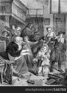 Amsterdam Museum, The Feast of Saint-Nicolas, by Jan Steen, vintage engraved illustration. Magasin Pittoresque 1861.