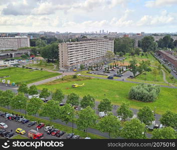 Amsterdam, Netherlands - August 9, 2021: Trauma helicopter landing during an emergency in Amsterdam the Netherlands