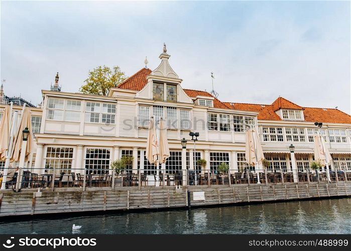 Amsterdam, Netherlands September 5, 2017 : Outdoor view of Canal cruise museum tour building bar and restaurant