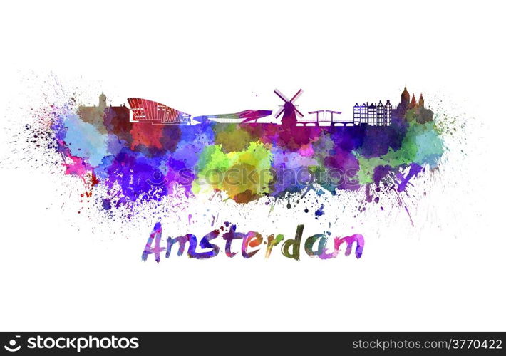 Amsterdam skyline in watercolor splatters with clipping path. Amsterdam skyline in watercolor