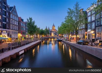 Amsterdam skyline with Church of Saint Nicholas landmark in Amsterdam city, Netherlands.