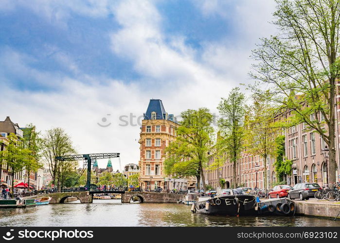 Amsterdam, the Netherlands, September 5, 2017 :typical dutch houses and houseboats. Amsterdam, Holland, Netherlands