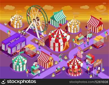 Amusement Park Circus Attractions Isometric Illustration. Amusement park circus attractions isometric poster with classic striped tents and observation wheel late evening vector illustration
