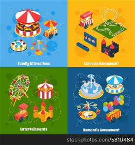 Amusement park isometric set with family attractions extreme and romantic entertainment isolated vector illustration. Amusement Park Isometric