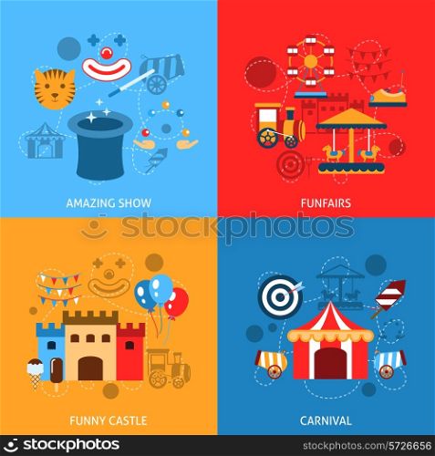 Amusements park flat icons set with amazing show funfairs funny castle carnival isolated vector illustration