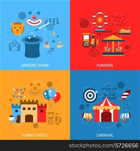 Amusements park flat icons set with amazing show funfairs funny castle carnival isolated vector illustration