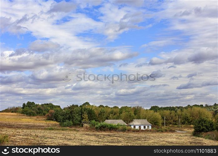 An abandoned rural house is surrounded by hedge overgrown with shrubs, autumn trees, on the side of a rural road at the edge of the field under a cloudy morning sky.. An abandoned rural house stands on the side of a rural road at the edge of a field under a cloudy sky.