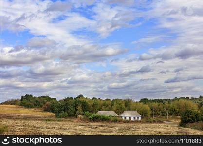An abandoned rural house is surrounded by hedge overgrown with shrubs, autumn trees, on the side of a rural road at the edge of the field under a cloudy morning sky.. An abandoned rural house stands on the side of a rural road at the edge of a field under a cloudy sky.