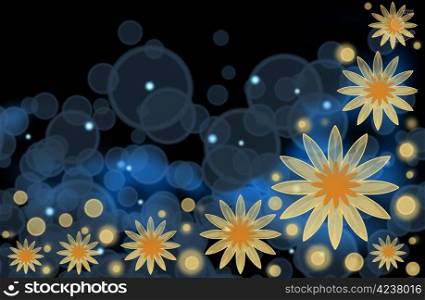 An abstract bright background with yellow flowers and blue bubbles