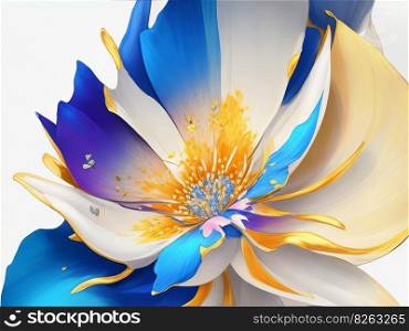An Abstract Painting of a Colorful Flower on a White Background with Delicate Gold and Blue Details on the Petals and Petals of the Petals. Generative AI.