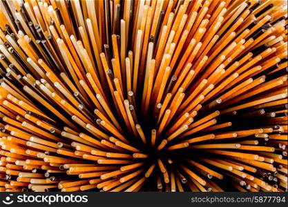 An abstract view from the top of different colours of drie, uncooked spaghetti sticks standing upright in a container.
