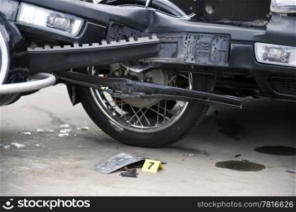 an accident between a car and motorcycle.