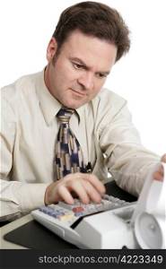 An accountant doing income taxes. Motion blur on his hand to show how fast he is working. White background.