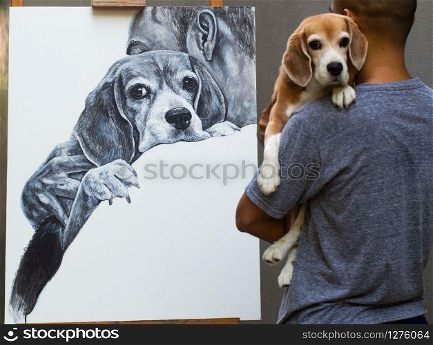 An acrylic painting a man carry beagle dog with love on white canvas while an artist carry dog at the front of his work..