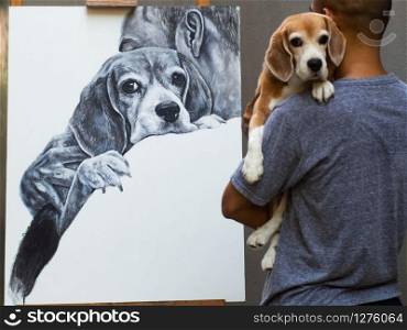An acrylic painting a man carry beagle dog with love on white canvas while an artist carry dog at the front of his work..