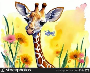 An adorable baby giraffe in a blooming field is shown in a watercolor. Generative AI.