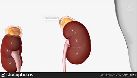 An adrenal incidentaloma is a solid mass in one or both adrenal glands. 3D rendering. An adrenal incidentaloma is a solid mass in one or both adrenal glands.