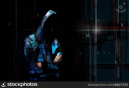 An adult online anonymous internet hacker with invisible face in urban environment and number codes illustration concept. Mixed media.. An adult online anonymous internet hacker with invisible face in