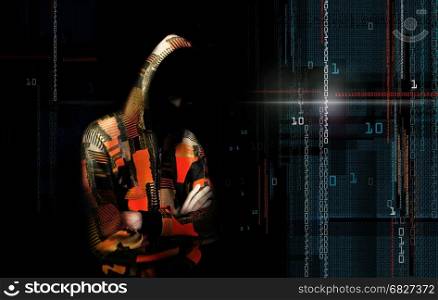 An adult online anonymous internet hacker with invisible face in urban environment and number codes illustration concept. Mixed media.