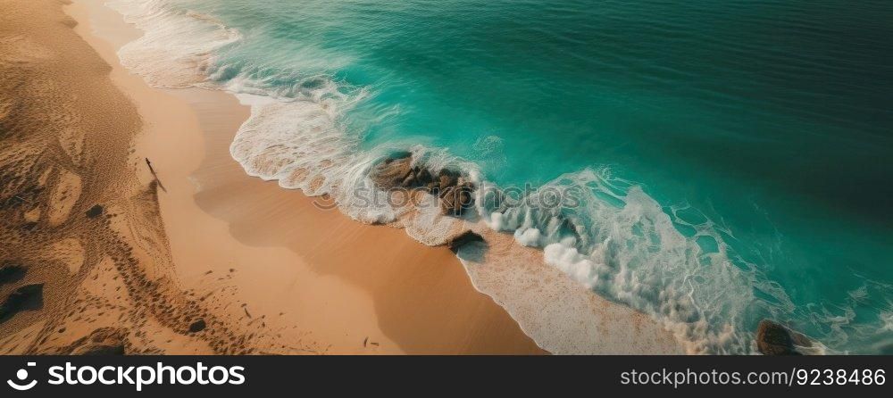 An aerial view of a beach and ocean provides a top-down perspective of the natural beauty and landscape of the coastline, perfect for outdoor recreation and exploration. AI Generative.