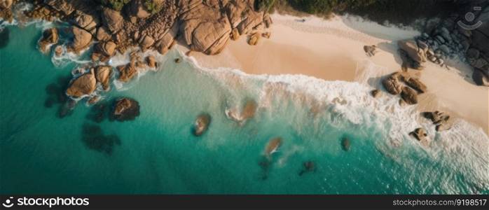 An aerial view of a sandy beach and crystal-clear ocean reveals the stunning natural beauty of the coastline and waves, creating an idyllic location for a tropical getaway. AI Generative.
