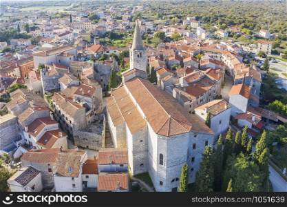 An aerial view of Bale - Valle, Istria, Croatia, church of Visitation Blessed Virgin Mary to St. Elizabeth in the forefront