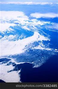 An aerial view of the Baffin Islands in Canada