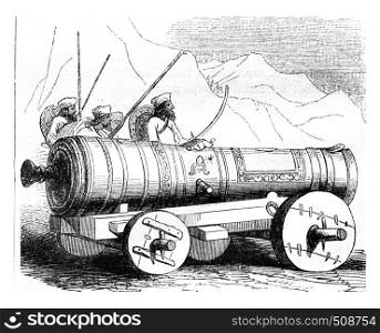 An Afghan cannon, vintage engraved illustration. Magasin Pittoresque 1843.