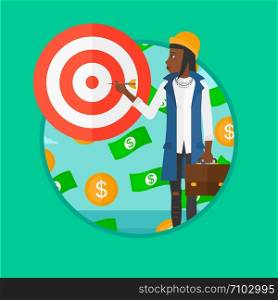 An african-american business woman aiming at a target board. Business woman standing under money rain. Concept of business success. Vector flat design illustration in the circle isolated on background. Business woman with target board.