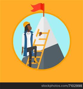 An african-american business woman climbing the ladder to get the red flag on the top of mountain. Concept of business career. Vector flat design illustration in the circle isolated on background.. Business woman climbing on mountain.