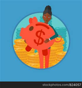 An african-american business woman holding a big piggy bank on the background of stacks of golden coins. Business success concept. Vector flat design illustration in the circle isolated on background.. Woman carrying piggy bank vector illustration.