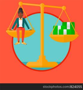 An african-american business woman sitting on a balance scale with stacks of money. Business woman balancing on scales with money. Vector flat design illustration in the circle isolated on background.. Woman sitting on scale with stacks of money.