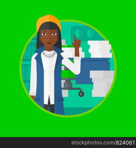 An african-american business woman standing in office and pointing up with her forefinger on the background of heaps of papers. Vector flat design illustration in the circle isolated on background.. Business woman pointing up with her forefinger.