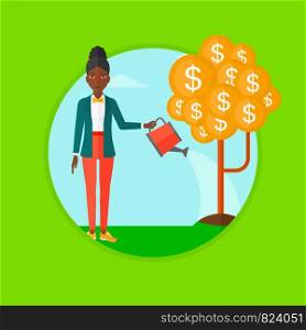 An african-american business woman watering money tree. Business woman taking care of her finances. Concept of successful business. Vector flat design illustration in the circle isolated on background. Woman watering money tree vector illustration.