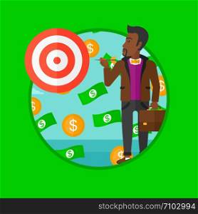 An african-american businessman aiming at a target board. Businessman standing under money rain. Concept of business success. Vector flat design illustration in the circle isolated on background.. Businessman with target board vector illustration.