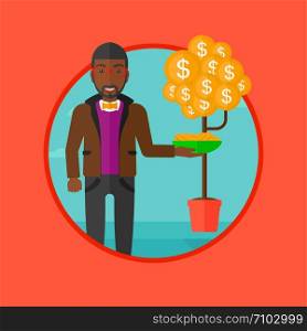 An african-american businessman catching dollar coins from money tree. Man getting income from business. Business success concept. Vector flat design illustration in the circle isolated on background.. Man catching dollar coins vector illustration.