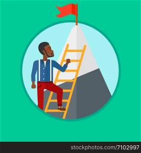 An african-american businessman climbing the ladder to get the red flag on the top of mountain. Concept of business goal, career. Vector flat design illustration in the circle isolated on background.. Businessman climbing on mountain.