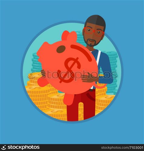 An african-american businessman holding a big piggy bank on the background of stacks of golden coins. Business success concept. Vector flat design illustration in the circle isolated on background.. Man carrying piggy bank vector illustration.