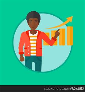 An african-american businessman pointing at increasing chart. Man giving business presentation. Business presentation in progress. Vector flat design illustration in the circle isolated on background.. Man presenting report vector illustration.