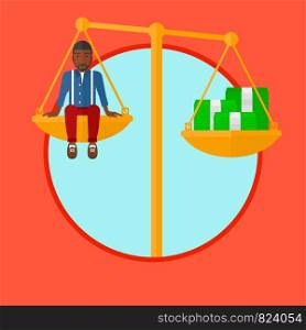 An african-american businessman sitting on a balance scale with stacks of money. Businessman balancing on the scales with money. Vector flat design illustration in the circle isolated on background.. Man sitting on scale with stacks of money.